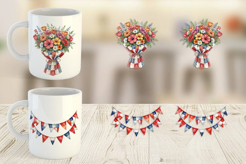 Mug Wrap USA Quilted Floral Bunting Watercolor Sublimation artnoy 