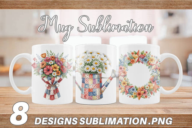 Mug Wrap USA Quilted Floral Bunting Watercolor Sublimation artnoy 