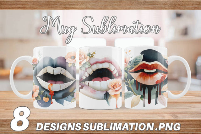 Mug Wrap Vampire Lips Watercolor Floral Sublimation artnoy 