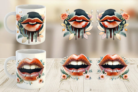 Mug Wrap Vampire Lips Watercolor Floral Sublimation artnoy 