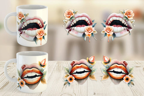 Mug Wrap Vampire Lips Watercolor Floral Sublimation artnoy 