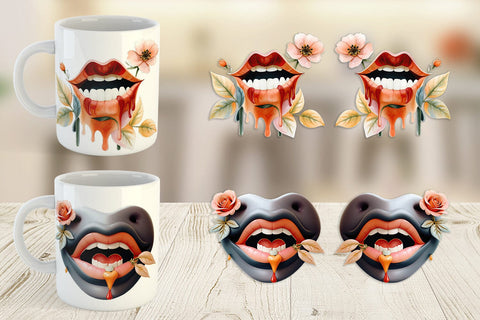 Mug Wrap Vampire Lips Watercolor Floral Sublimation artnoy 