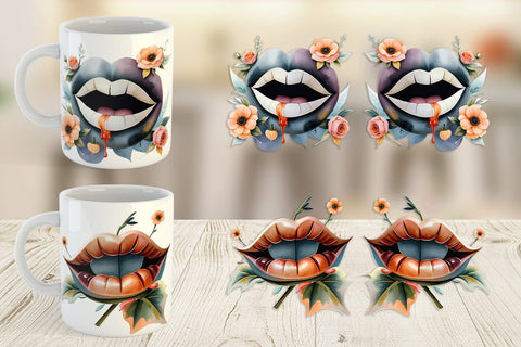 Mug Wrap Vampire Lips Watercolor Floral Sublimation artnoy 