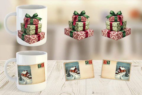 Mug Wrap Victorian Christmas Post & Parcel Watercolor Sublimation artnoy 