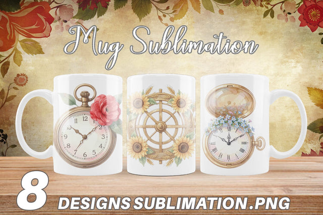 Mug Wrap Vintage Clock And Floral Watercolor Sublimation artnoy 