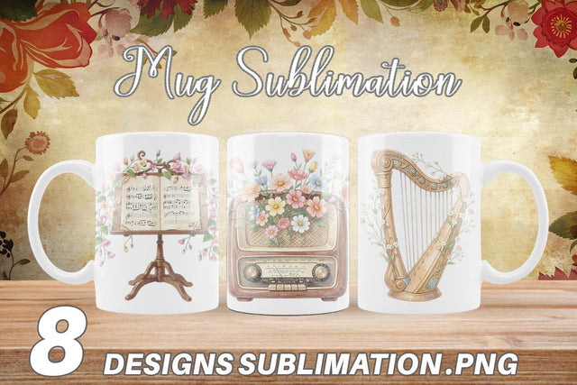 Mug Wrap Vintage Music And Floral Watercolor Sublimation artnoy 