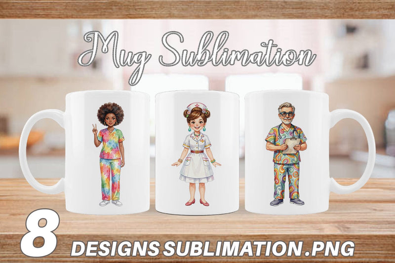 Mug Wrap Watercolor 70s Retro Nurse Characters Sublimation artnoy 