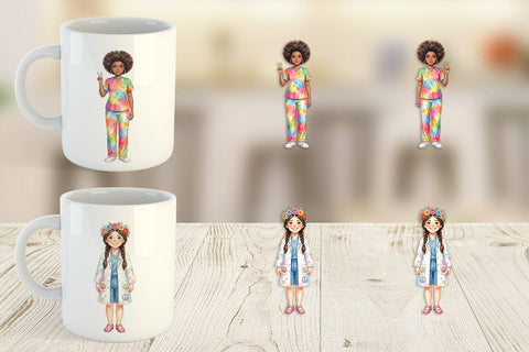 Mug Wrap Watercolor 70s Retro Nurse Characters Sublimation artnoy 