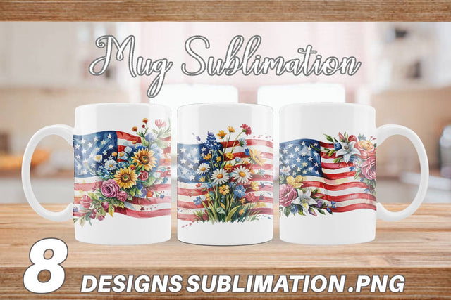 Mug Wrap Watercolor American Flag Floral Sublimation artnoy 