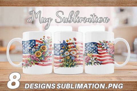 Mug Wrap Watercolor American Flag Floral Sublimation artnoy 