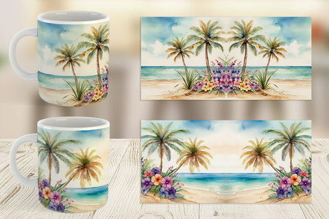Mug Wrap Watercolor Beach Scene Sublimation artnoy 