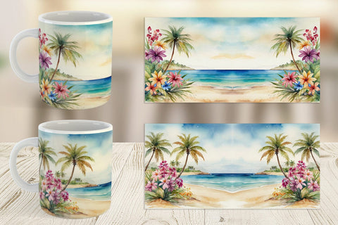 Mug Wrap Watercolor Beach Scene Sublimation artnoy 