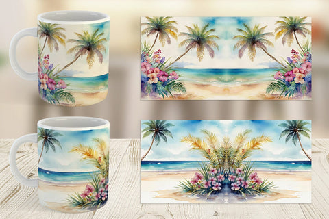 Mug Wrap Watercolor Beach Scene Sublimation artnoy 