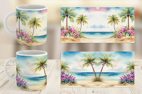 Mug Wrap Watercolor Beach Scene Sublimation artnoy 