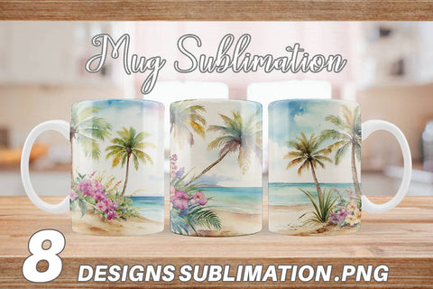 Mug Wrap Watercolor Beach Scene Sublimation artnoy 