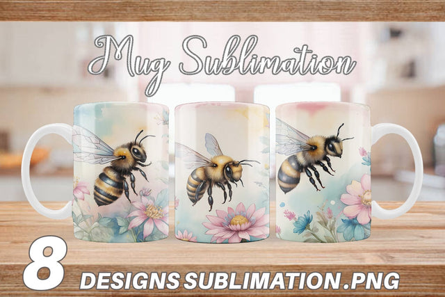 Mug Wrap Watercolor Bee Flowers Sublimation artnoy 