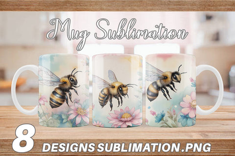 Mug Wrap Watercolor Bee Flowers Sublimation artnoy 