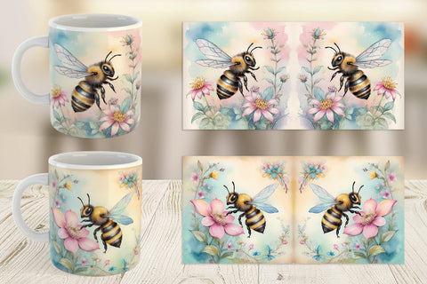 Mug Wrap Watercolor Bee Flowers Sublimation artnoy 