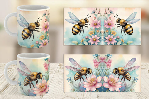 Mug Wrap Watercolor Bee Flowers Sublimation artnoy 