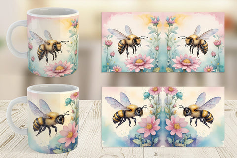 Mug Wrap Watercolor Bee Flowers Sublimation artnoy 
