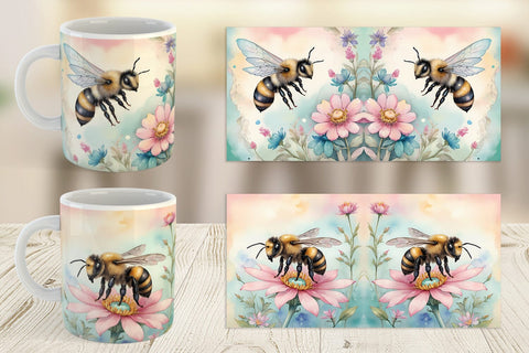 Mug Wrap Watercolor Bee Flowers Sublimation artnoy 