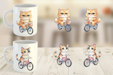 Mug Wrap Watercolor Big Eye Cat Cyclist Art Sublimation artnoy 