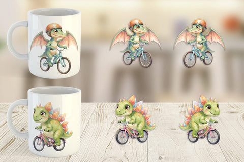 Mug Wrap Watercolor Big Eye Dinosaur Biking Art Sublimation artnoy 