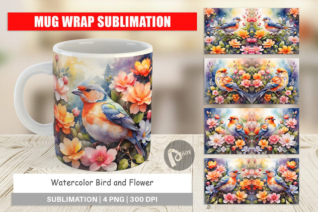 Mug Wrap Watercolor Bird and Flower Sublimation artnoy 