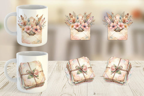 Mug Wrap Watercolor Boho Floral Junk Journal Art Sublimation artnoy 