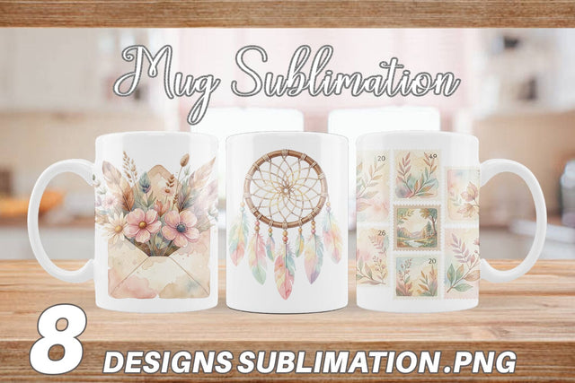 Mug Wrap Watercolor Boho Floral Junk Journal Art Sublimation artnoy 