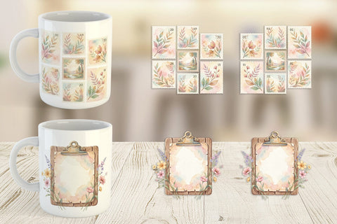 Mug Wrap Watercolor Boho Floral Junk Journal Art Sublimation artnoy 