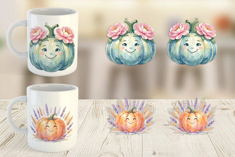 Mug Wrap Watercolor Boho Floral Smiling Pumpkin Sublimation artnoy 