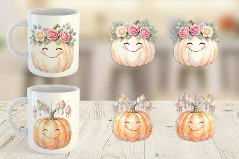 Mug Wrap Watercolor Boho Floral Smiling Pumpkin Sublimation artnoy 