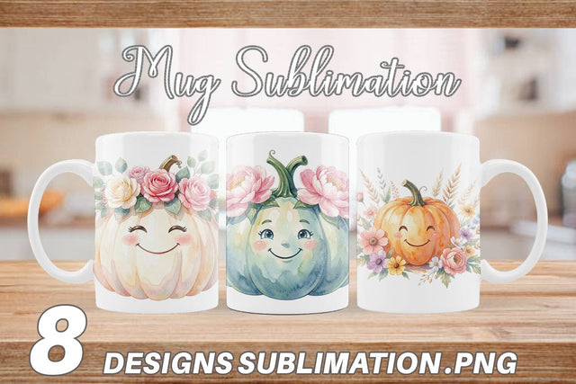 Mug Wrap Watercolor Boho Floral Smiling Pumpkin Sublimation artnoy 