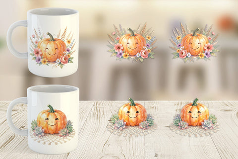 Mug Wrap Watercolor Boho Floral Smiling Pumpkin Sublimation artnoy 
