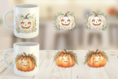 Mug Wrap Watercolor Boho Floral Smiling Pumpkin Sublimation artnoy 