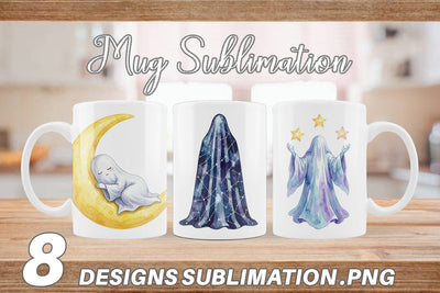 Mug Wrap Watercolor Celestial Dreaming Moon Ghost Sublimation artnoy 