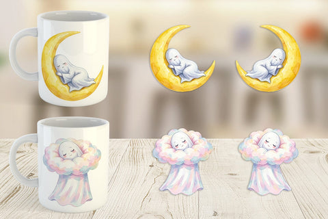 Mug Wrap Watercolor Celestial Dreaming Moon Ghost Sublimation artnoy 