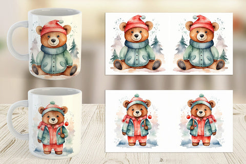 Mug Wrap Watercolor Christmas Bear Sublimation artnoy 