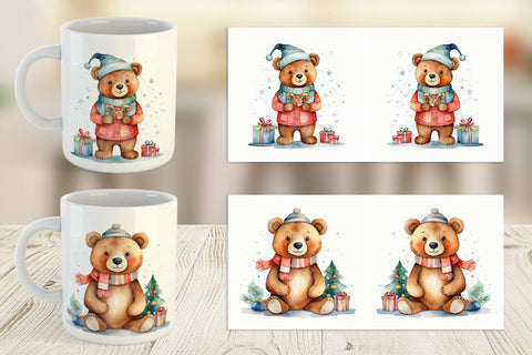 Mug Wrap Watercolor Christmas Bear Sublimation artnoy 