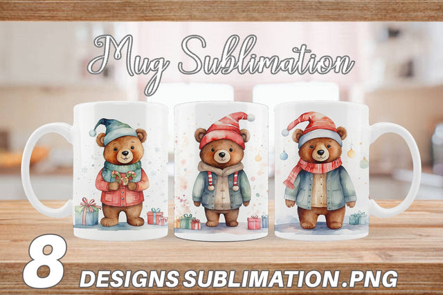 Mug Wrap Watercolor Christmas Bear Sublimation artnoy 