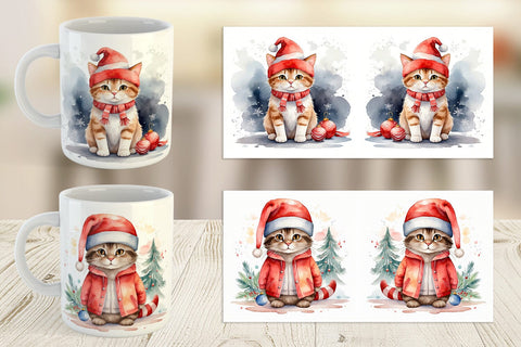Mug Wrap Watercolor Christmas Cat Sublimation artnoy 