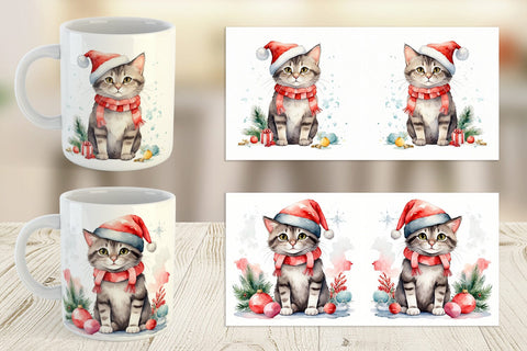 Mug Wrap Watercolor Christmas Cat Sublimation artnoy 