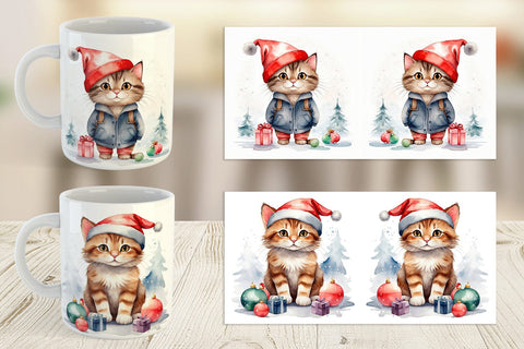Mug Wrap Watercolor Christmas Cat Sublimation artnoy 