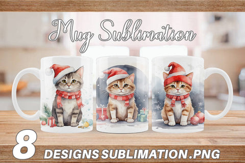 Mug Wrap Watercolor Christmas Cat Sublimation artnoy 