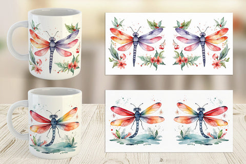 Mug Wrap Watercolor Christmas Dragonfly Sublimation artnoy 
