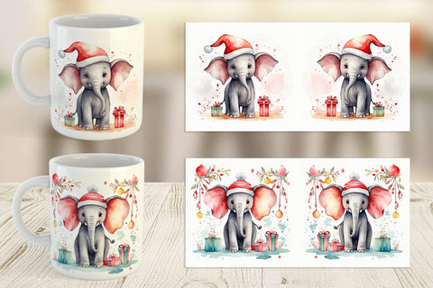 Mug Wrap Watercolor Christmas Elephant Sublimation artnoy 