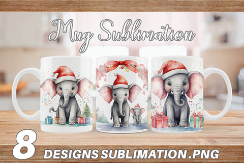 Mug Wrap Watercolor Christmas Elephant Sublimation artnoy 