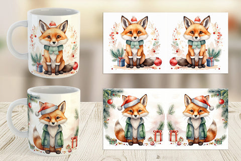 Mug Wrap Watercolor Christmas Fox Sublimation artnoy 