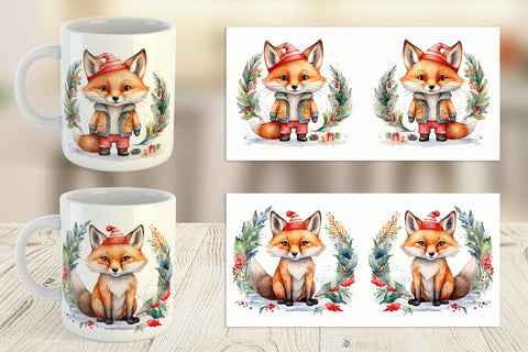 Mug Wrap Watercolor Christmas Fox Sublimation artnoy 